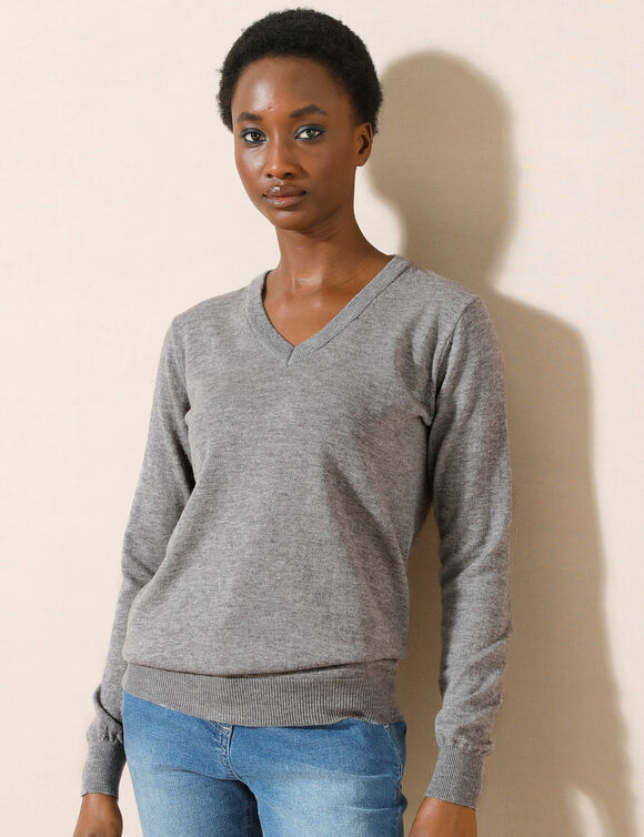Pull col V, laine d'agneau (gris chiné) Pull col V, laine d'agneau (gris chiné)